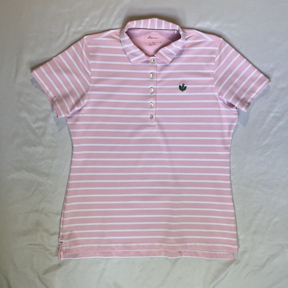 Peter Millar Polo Performance Shirt Womens L Pink White Stripe Embroidered Golf